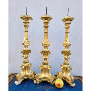 Set Of 3 Gilded Wood Candlesticks, 19th Century