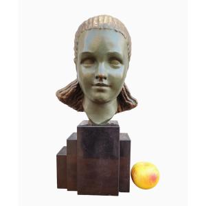 M Bouraine, Head Of A Young Woman, Bronze, Art Deco, 20th Century