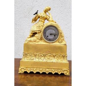 Chinese Lady With Bird, Gilt Bronze Clock , 19th Century