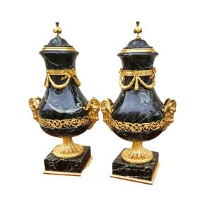 Pair Of Marble And Bronze Cassolettes, H52cm, 19th Century