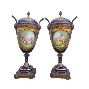 In The Style Of Sèvres, H54cm, Pair Of Covered Porcelain Vases, 19th Century