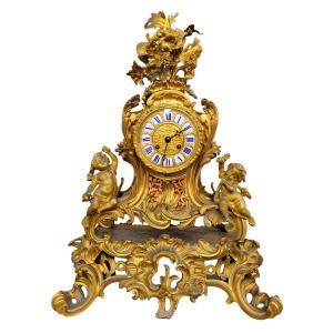 Rocaille Clock In Gilt Bronze, H66cm, Napoleon III, 19th Century