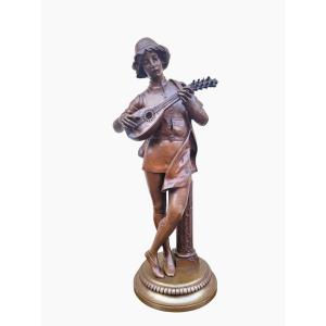 Paul Dubois, H88cm, The Florentine Singer Of The 15th Century, Signed Bronze, 19th Century
