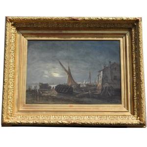J Suchet, 92x73cm, Seaside Landscape At Night, Marseille, 19th Century
