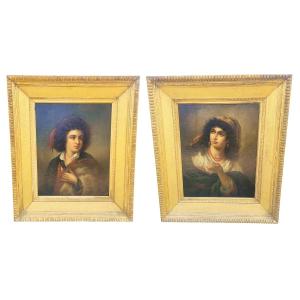 V Caprile, Large Portraits Of A Neapolitan Couple, 110x95cm, Late 19th Century
