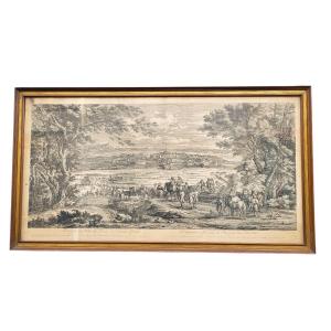 Framed Engraving, L111cm, View Of Gray Franche Comté, 18th Century?