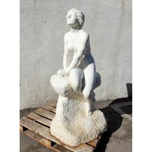 Large Bather On A Rock, Large White Marble (155cm), Late 19th Century