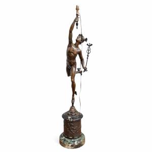  Flying Mercury, H92cm, After Giambologna, Bronze Lamp, 19th Century