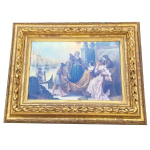 Fabric Merchants In Venice, Framed Pastel, Early 20th Century