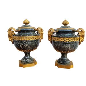 Pair Of Marble And Gilded Bronze Cassolettes, Napoleon III, 19th Century