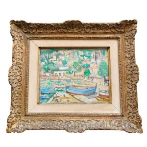 Lucien Genin, Port Of Villefranche Sur Mer, Framed Watercolor, Mid-20th Century