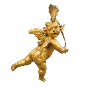 Putto Carved In Gilded Wood, H55cm, Italy, 18th Century