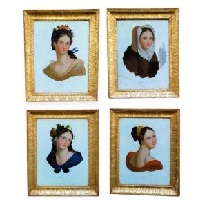The 4 Seasons, Allegories Of 4 Framed Under Glass,66.5x53.5cm,  19th Century