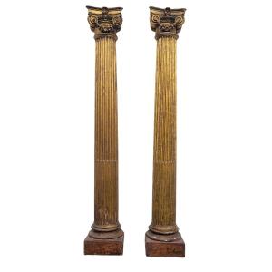 Important (3m) Pair Of Carved Gilded Wooden Columns, 18th Century