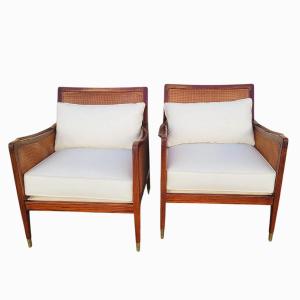 Pair Of Wooden And Rattan Woven Armchairs, 20th Century