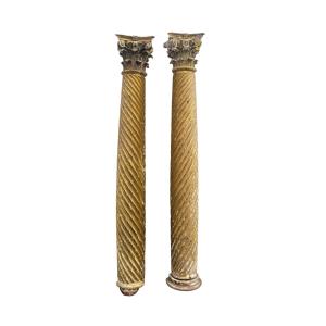 Pair Of Gilded And Carved Wooden Columns, H155cm, 17th Century