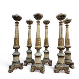 Set Of 6 Large Lacquered And Gilded Wooden Candlesticks, H140cm, Early 19th Century