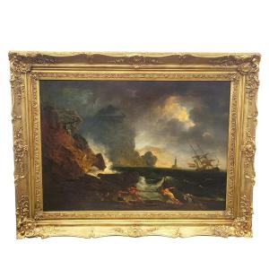 Large Framed Seascape In The Style Of Vernet, 127.5x163.5cm, Late 17th/early 18th Century