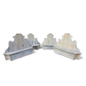 Rare Set Of 4 Painted Wooden Castle Entrance Benches/chests, L190cm, 19th Century