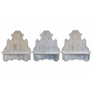 Rare Set Of 3 Painted Wooden Castle Entrance Benches/chests, L190cm, 19th Century