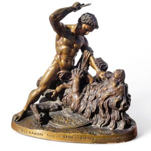 Coinchon, Alexander And The Lion Of Bazaar, Signed Bronze, 19th Century