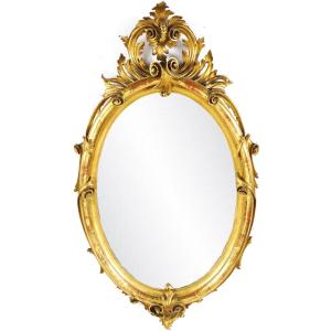 Large Oval Mirror H147cm, In Carved Gilt Wood, 19th Century