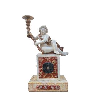 Putto Torch Holder In Lacquered And Gilded Wood, H158cm, Italy Late 17th/early 18th Century