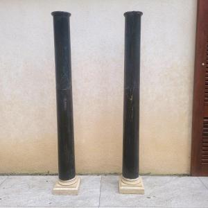 Pair Of Green Marble Columns, H190cm, 19th Century