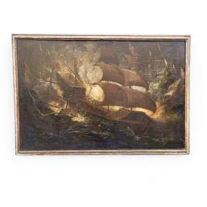 Battle Of Lepanto, 118x172cm, Oil On Canvas, Framed, 17th Century