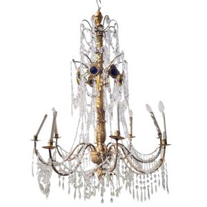 Genoese Chandelier, 135cm High, In Gilded Wood And Crystal, Early 19th Century