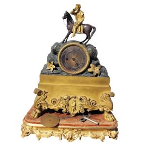 Napoleon On Horseback, Double Patina Bronze Clock, H40cm, 19th Century