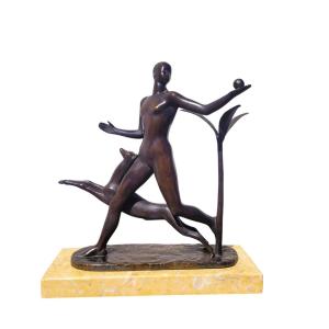 Man With Antelope, H23 Cm, Bronze, 20th Century