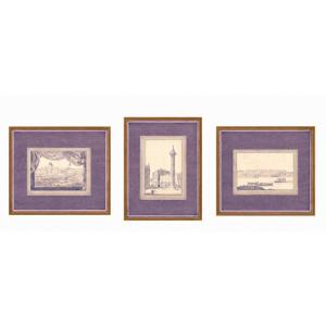 Suite Of 3 Views Of Rome, Framed Drawings, Illegible Signature, Early 19th Century