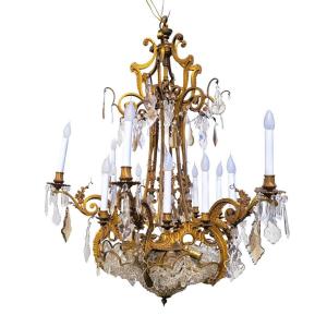 Large Chandelier H130cm, Bronze And Crystal, Early 20th Century