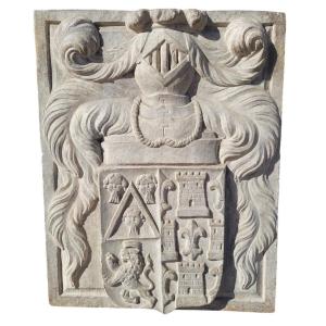 Coat Of Arms H62cm, Marble Carved With Various Coats Of Arms, XVIIth Century Or Before