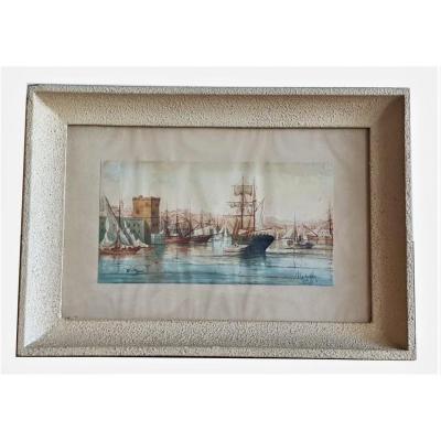 M Achard, Port De Marseille - Fort Saint Jean, Watercolor Signed XIXth Century