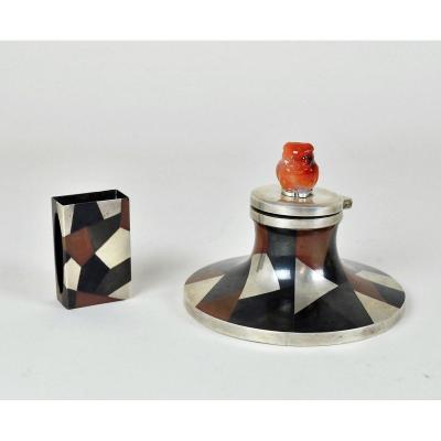 Inkwell And Matchbox In Enamelled Silver-plated Metal, Yamanaka, Art Deco 20th Century