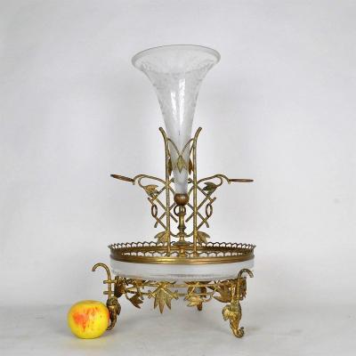 Centerpiece In Bronze And Glass, Bamboo And Elephant Heads, Att Giroux, 19th Century