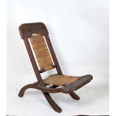 Folding Chair In Exotic Wood Carved And Canning, Asia, Late XIXth/ Early XXth Century