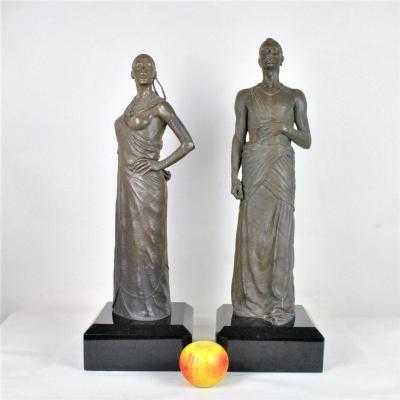 *special Offer *large Bronzes Couple Of Maasai, XXth Century