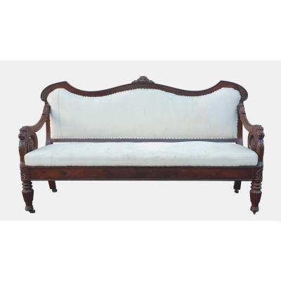 *special Offer*large Mahogany Bench With Lion Heads, Genoa, XIXth Century