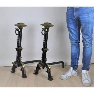 Pair Of Andirons In Bronze And Iron, Gothic Style, XIXth Century