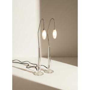 Set Of 2 French Table Lamps In Glass And Metal – Late 20th Century Design