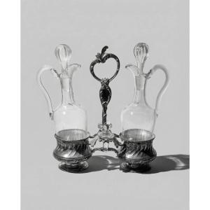 Gallia Oil And Vinegar Set In Silver-plated Metal With Crystal In The Rococo Style, 19th Century