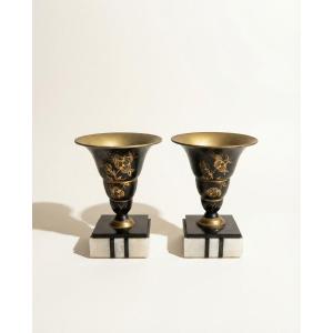 Pair Of Art Deco Enameled Brass Cassolettes – Marble Base – 1930s
