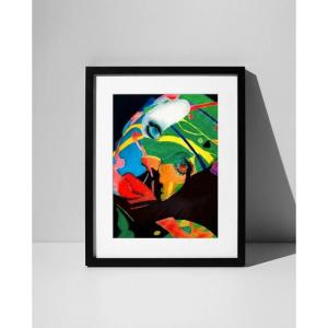 Framed Pastel Portrait – Contemporary Psychedelic Art – Original Dated Artwork 