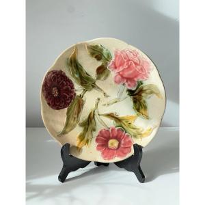 Art Deco Earthenware Plate From The 1930s – Pink Zinnia And Dahlia Floral Decoration – Antique Ceramic