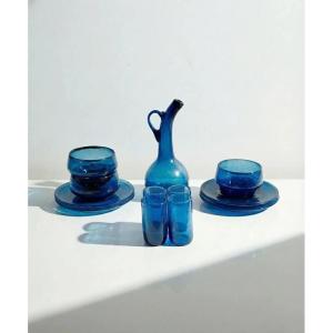 Biot-style Glassware Set In Cobalt Blue Blown Glass – Carafe + Glasses + Bowls + Saucers