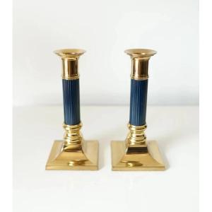 Pair Of Gilded Brass Torch-style Candlesticks - 1970s