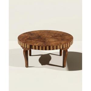 Round Coffee Table In Elm Burl, Art Deco Decorative Work - 1941